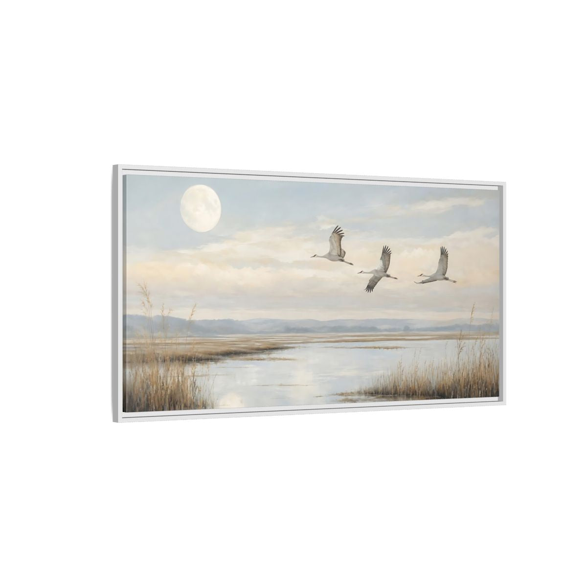 Side Mockup 3. Nature Cranes Cranes Landscape shown as stretched canvas wall art