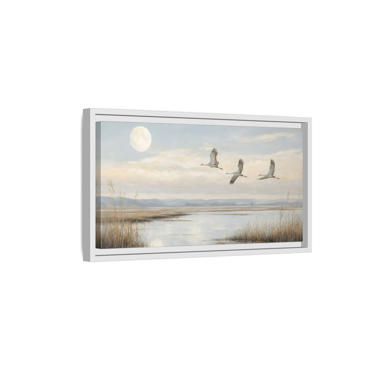 Side Mockup 6. Nature Cranes Cranes Landscape shown as stretched canvas wall art