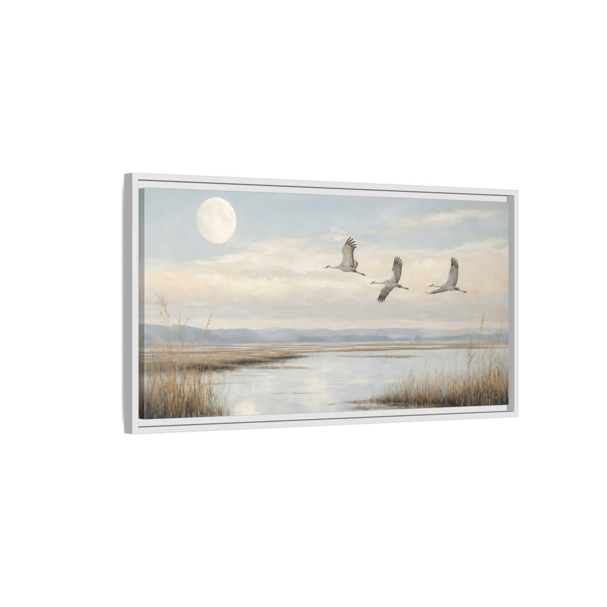 Side Mockup 1. Nature Cranes Cranes Landscape shown as stretched canvas wall art
