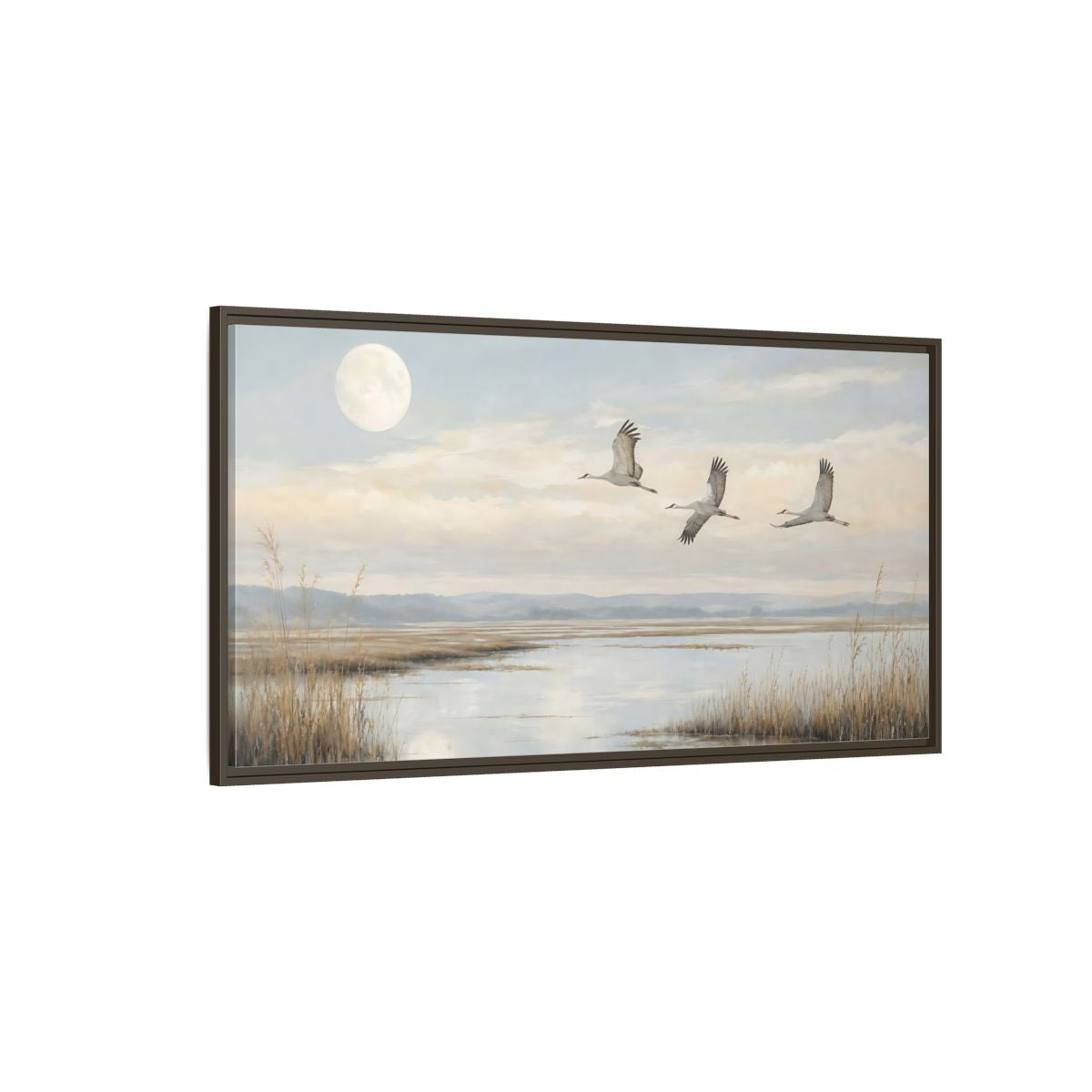 Side Mockup 4. Nature Cranes Cranes Landscape shown as stretched canvas wall art