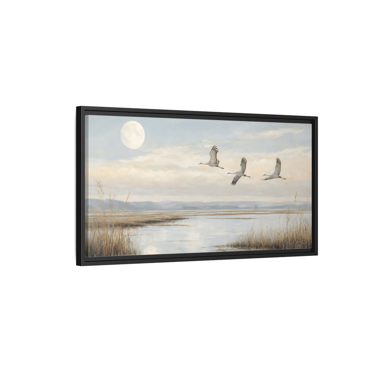 Side Mockup 2. Nature Cranes Cranes Landscape shown as stretched canvas wall art