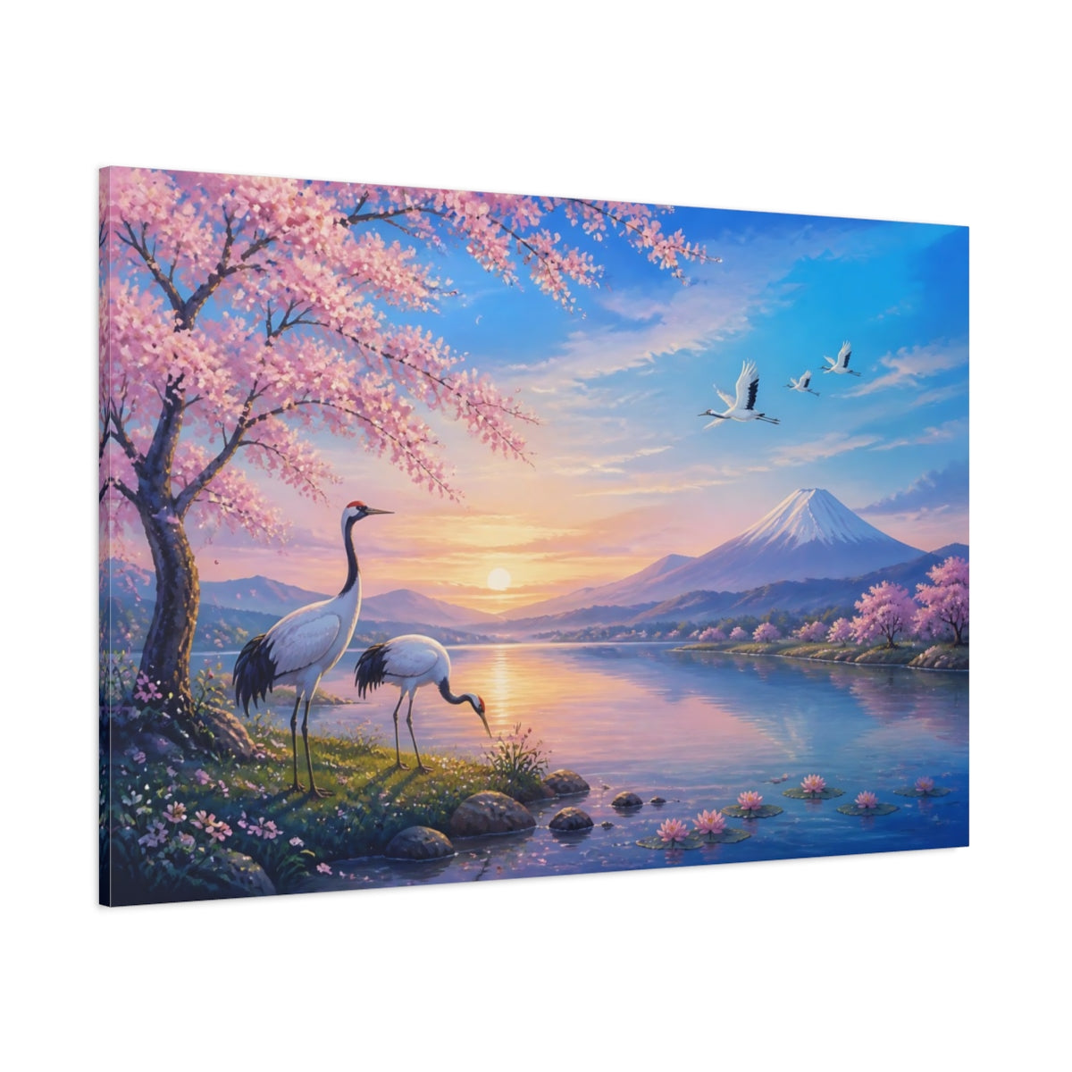Side Mockup 1. Nature Cranes, Mount Fuji Japanese Landscape shown as stretched canvas wall art