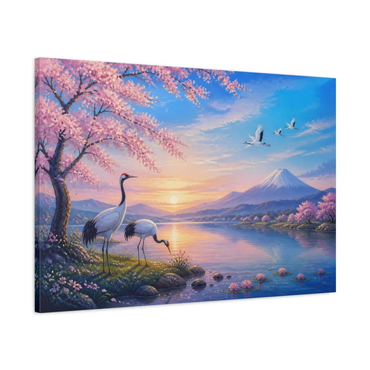 Main Mockup. Nature Cranes, Mount Fuji Japanese Landscape shown as stretched canvas wall art