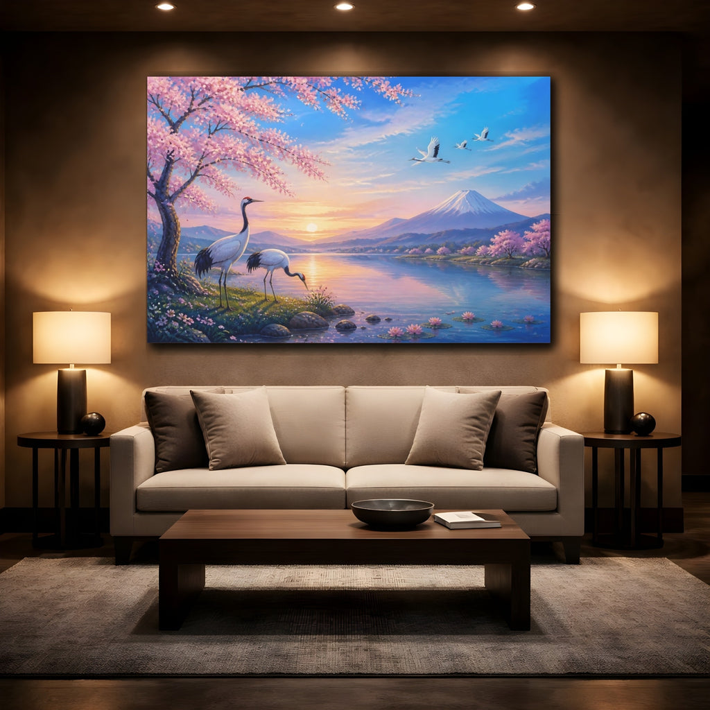 Mockup 2. Nature Cranes, Mount Fuji Japanese Landscape shown as stretched canvas wall art