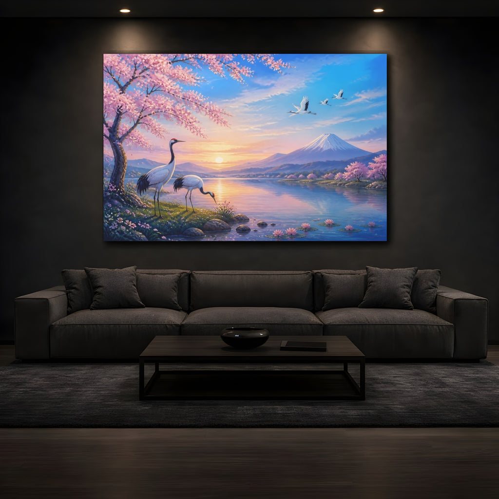 Mockup 3. Nature Cranes, Mount Fuji Japanese Landscape shown as stretched canvas wall art
