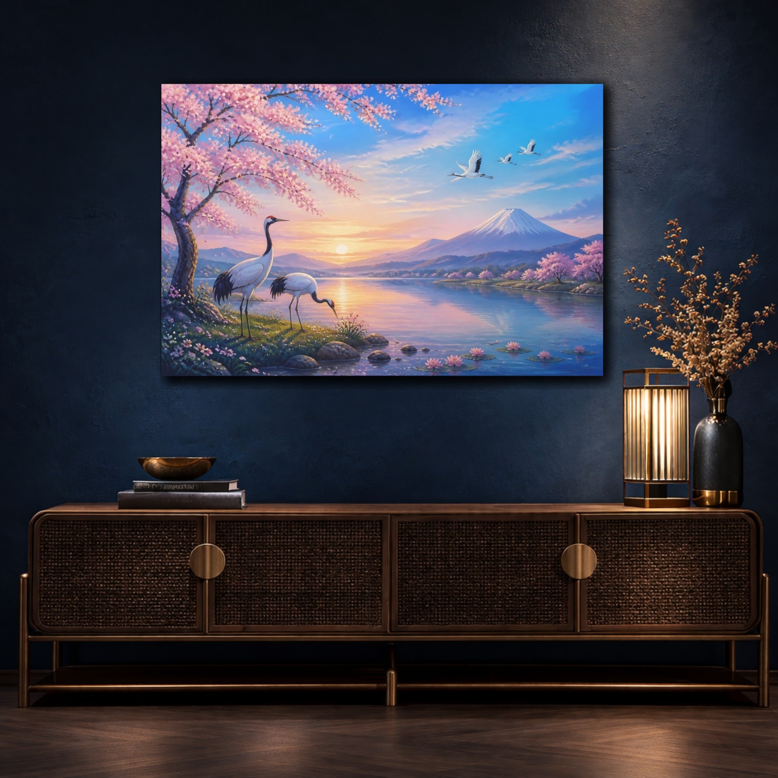 Mockup 4. Nature Cranes, Mount Fuji Japanese Landscape shown as stretched canvas wall art