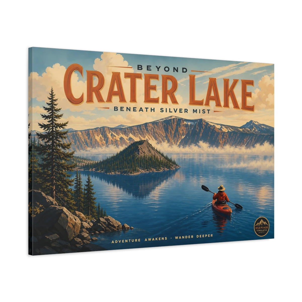 Main Mockup. Nature Crater Lake Blue Lake Landscape shown as stretched canvas wall art