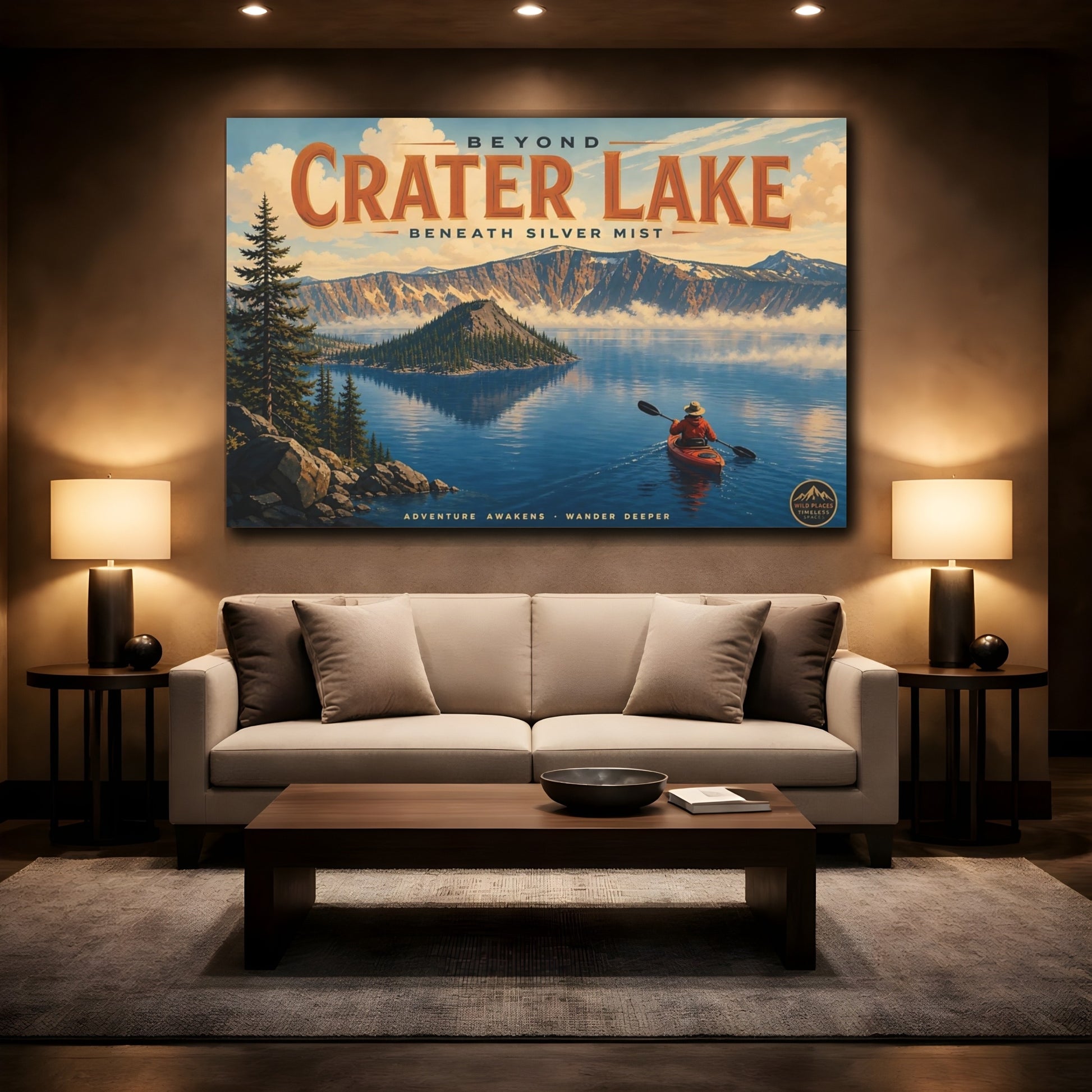 Mockup 2. Nature Crater Lake Blue Lake Landscape shown as stretched canvas wall art