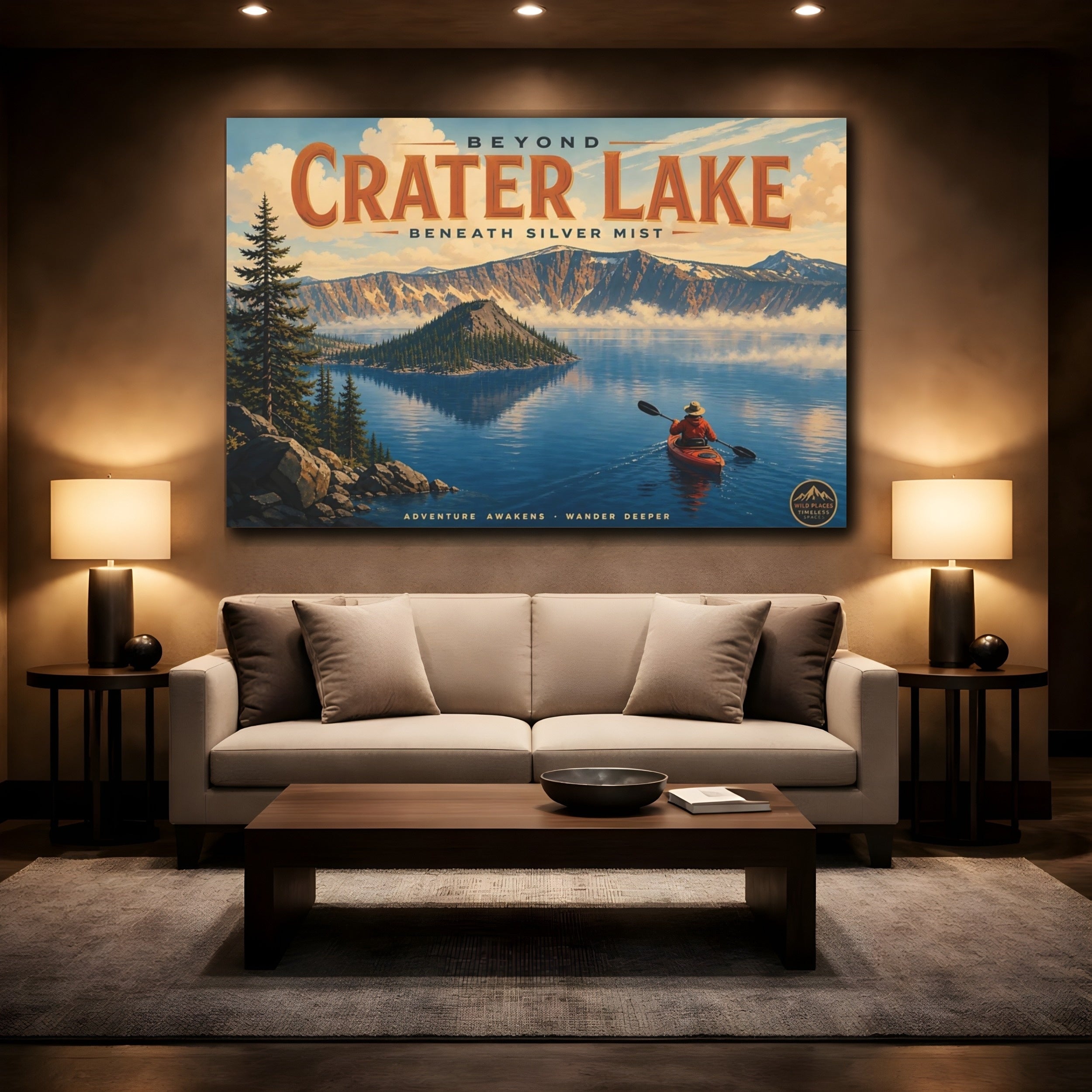 Mockup 2. Nature Crater Lake Blue Lake Landscape shown as stretched canvas wall art