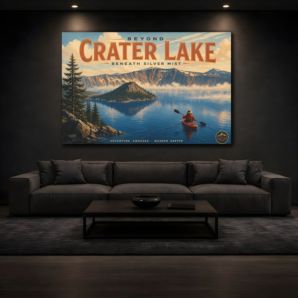 Mockup 3. Nature Crater Lake Blue Lake Landscape shown as stretched canvas wall art