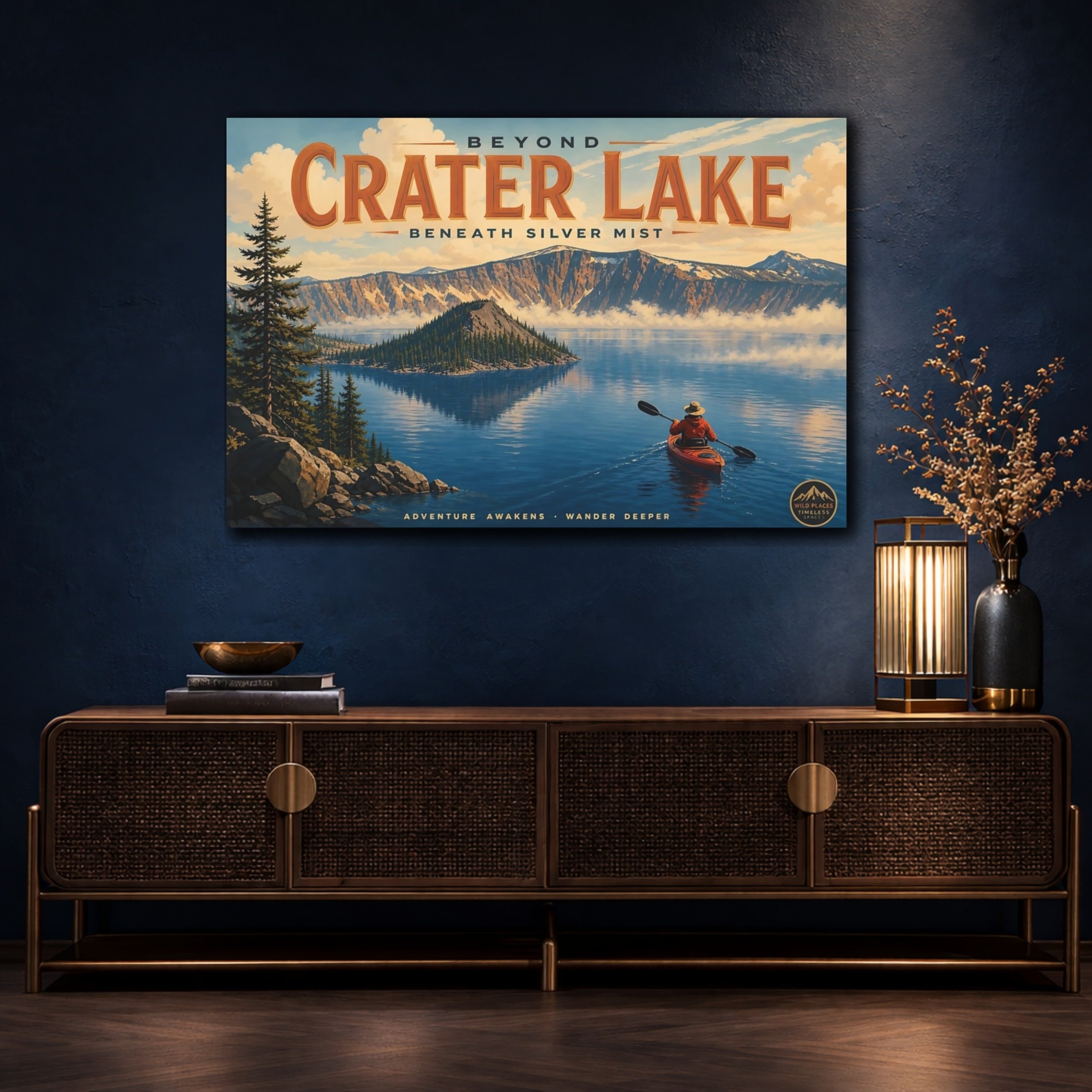 Mockup 4. Nature Crater Lake Blue Lake Landscape shown as stretched canvas wall art