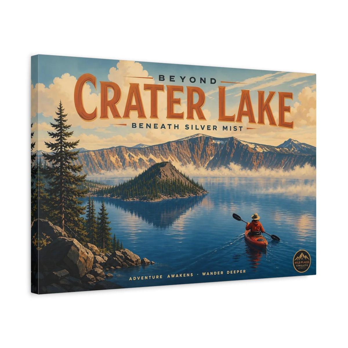 Side Mockup 3. Nature Crater Lake Blue Lake Landscape shown as stretched canvas wall art