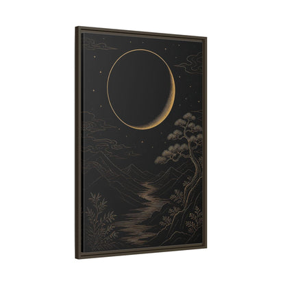 Main Mockup. Nature Crescent Moon Black Gold Night shown as stretched canvas wall art