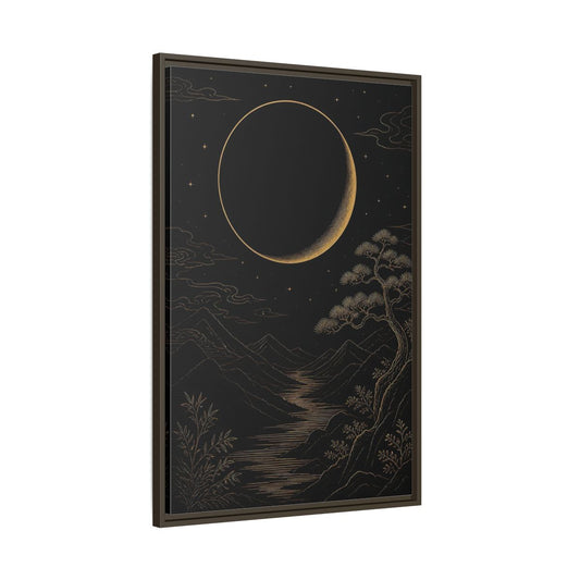 Main Mockup. Nature Crescent Moon Black Gold Night shown as stretched canvas wall art