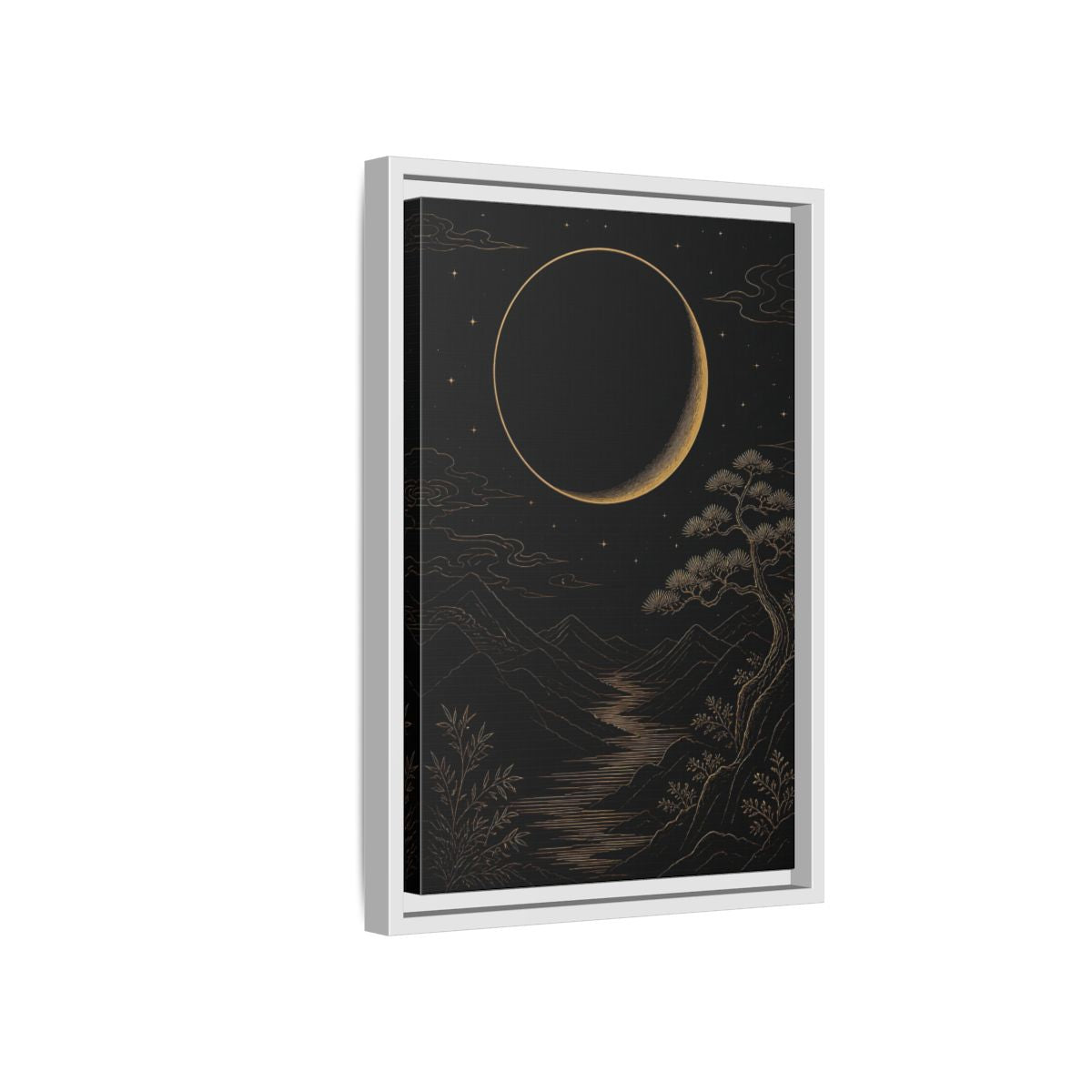 Side Mockup 4. Nature Crescent Moon Black Gold Night shown as stretched canvas wall art