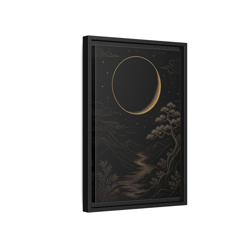 Side Mockup 6. Nature Crescent Moon Black Gold Night shown as stretched canvas wall art