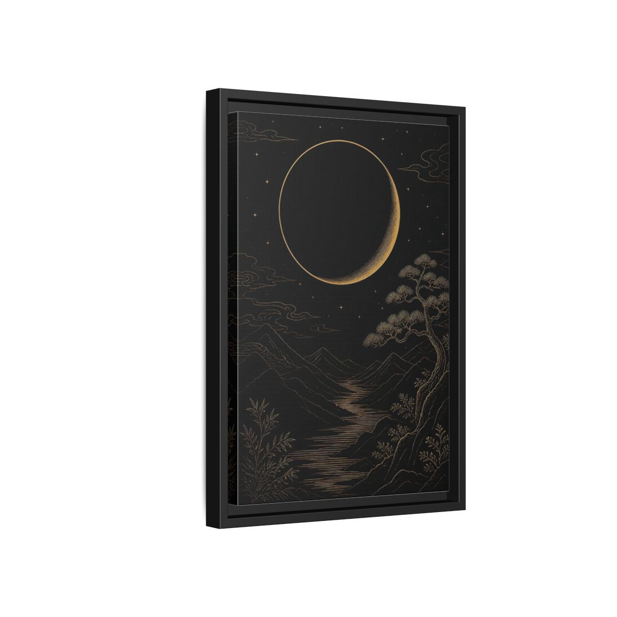 Side Mockup 6. Nature Crescent Moon Black Gold Night shown as stretched canvas wall art