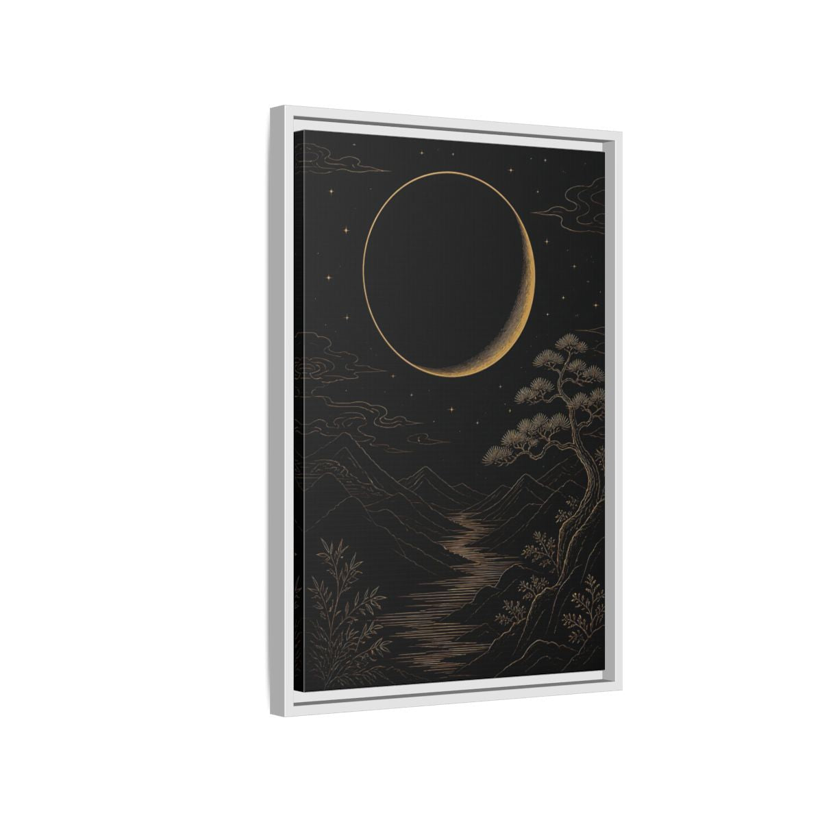 Side Mockup 1. Nature Crescent Moon Black Gold Night shown as stretched canvas wall art