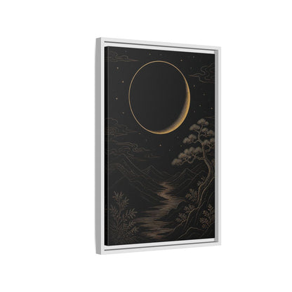 Side Mockup 1. Nature Crescent Moon Black Gold Night shown as stretched canvas wall art