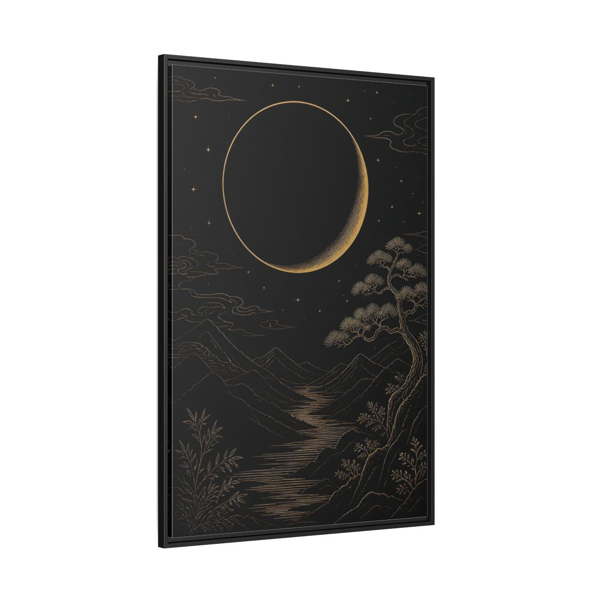 Side Mockup 12. Nature Crescent Moon Black Gold Night shown as stretched canvas wall art