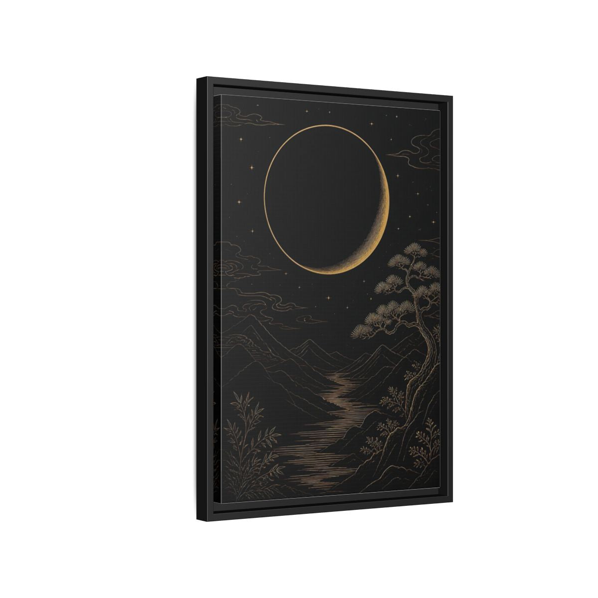 Side Mockup 3. Nature Crescent Moon Black Gold Night shown as stretched canvas wall art