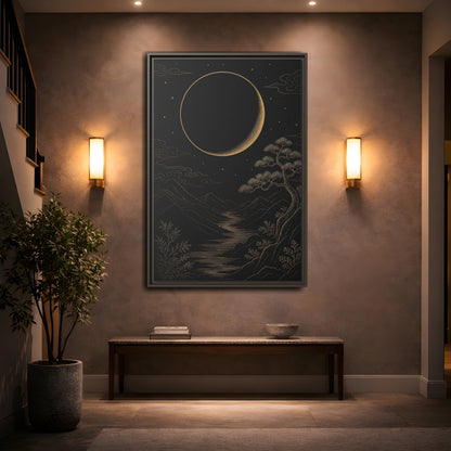 Mockup 2. Nature Crescent Moon Black Gold Night shown as stretched canvas wall art