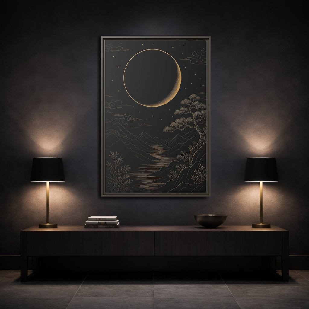 Mockup 3. Nature Crescent Moon Black Gold Night shown as stretched canvas wall art