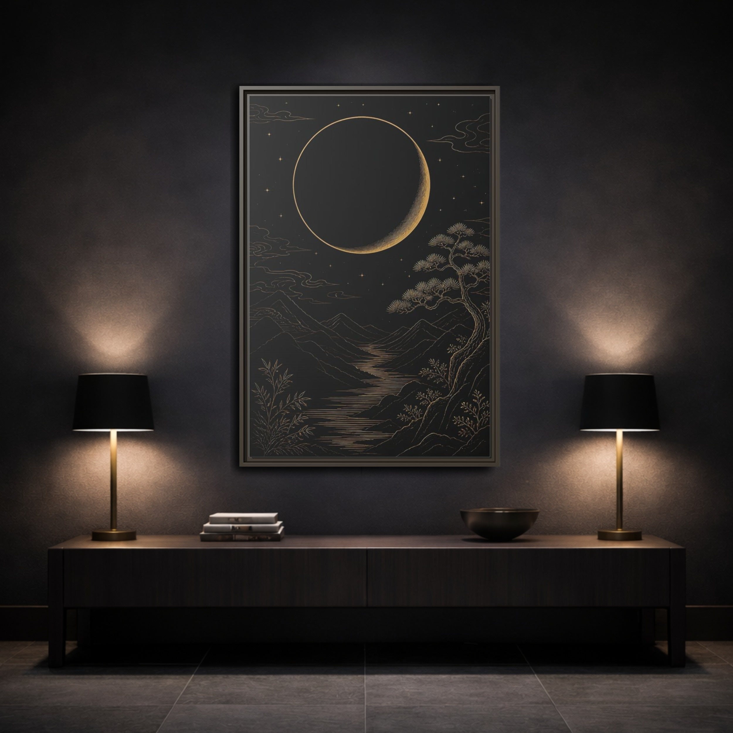 Mockup 3. Nature Crescent Moon Black Gold Night shown as stretched canvas wall art