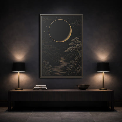 Mockup 3. Nature Crescent Moon Black Gold Night shown as stretched canvas wall art