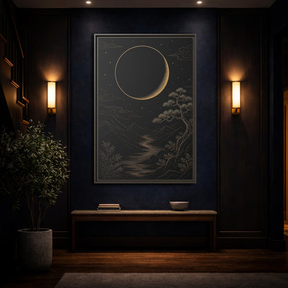 Mockup 4. Nature Crescent Moon Black Gold Night shown as stretched canvas wall art