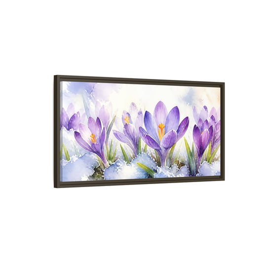Main Mockup. Nature Crocus Flowers Purple Crocus Watercolor shown as stretched canvas wall art