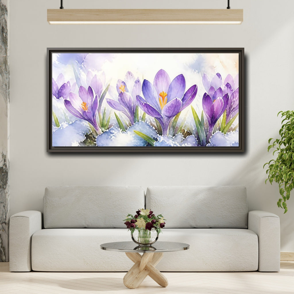 Mockup 2. Nature Crocus Flowers Purple Crocus Watercolor shown as stretched canvas wall art