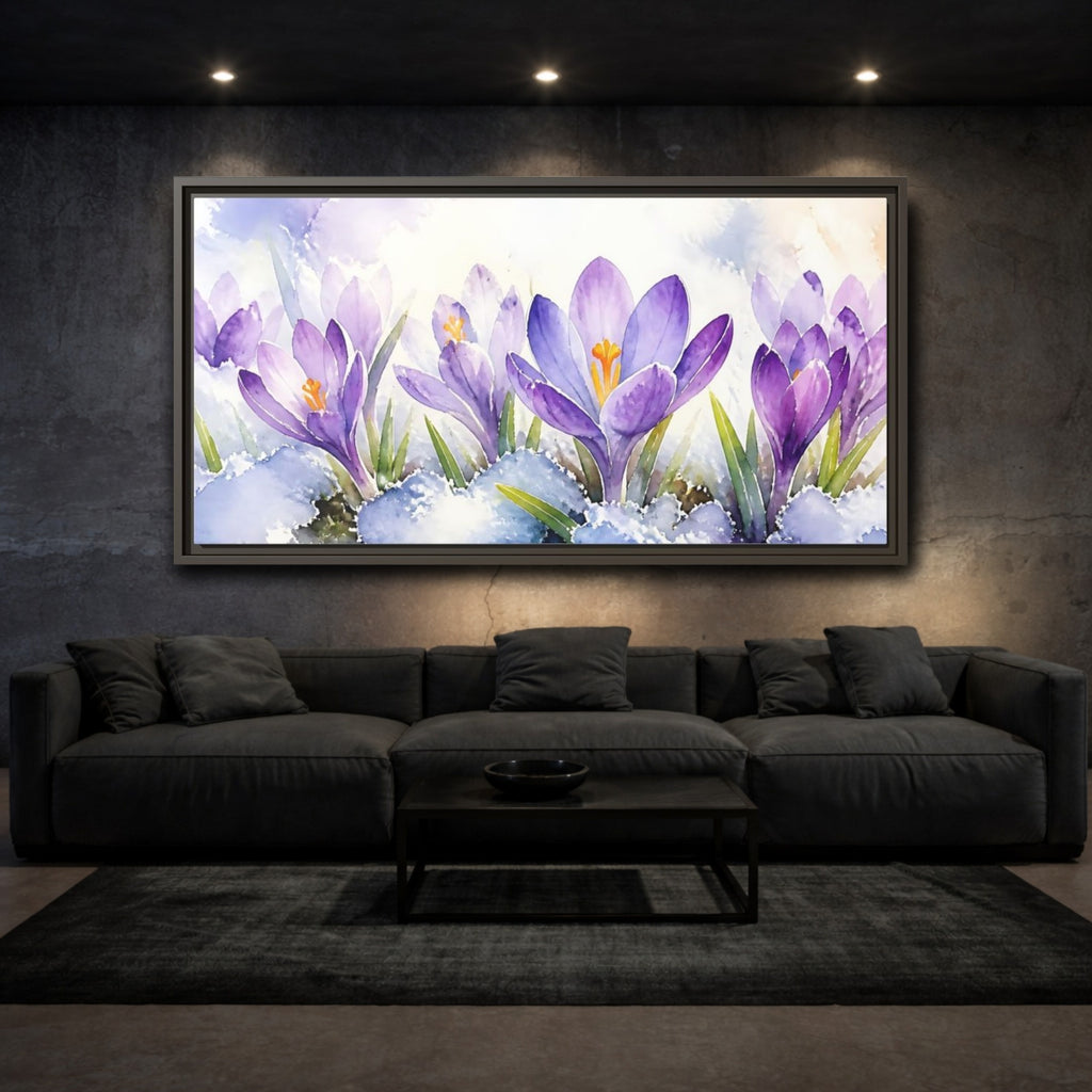 Mockup 3. Nature Crocus Flowers Purple Crocus Watercolor shown as stretched canvas wall art