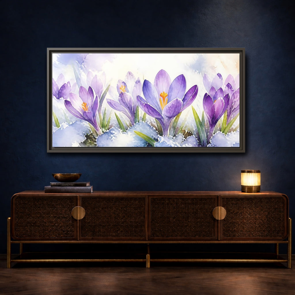 Mockup 4. Nature Crocus Flowers Purple Crocus Watercolor shown as stretched canvas wall art