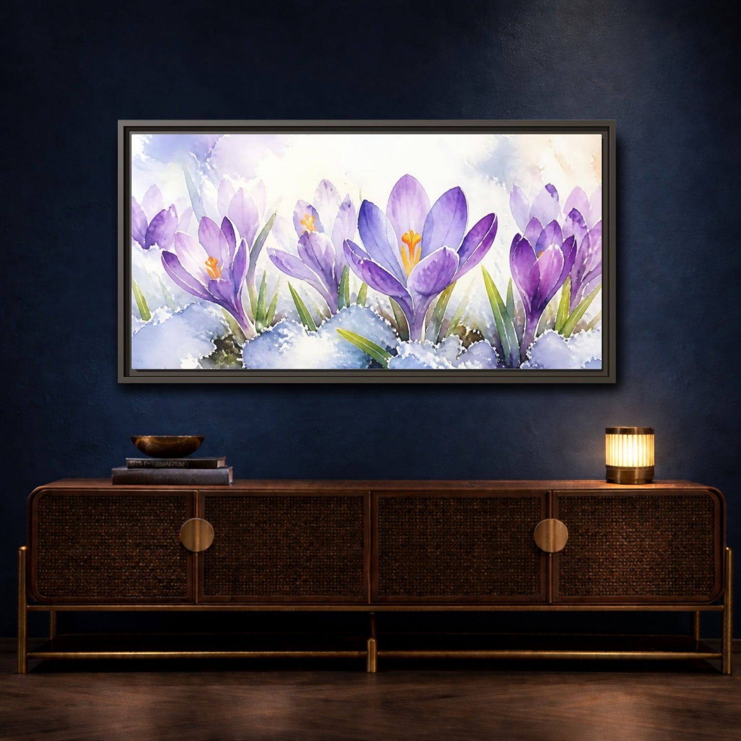 Mockup 4. Nature Crocus Flowers Purple Crocus Watercolor shown as stretched canvas wall art