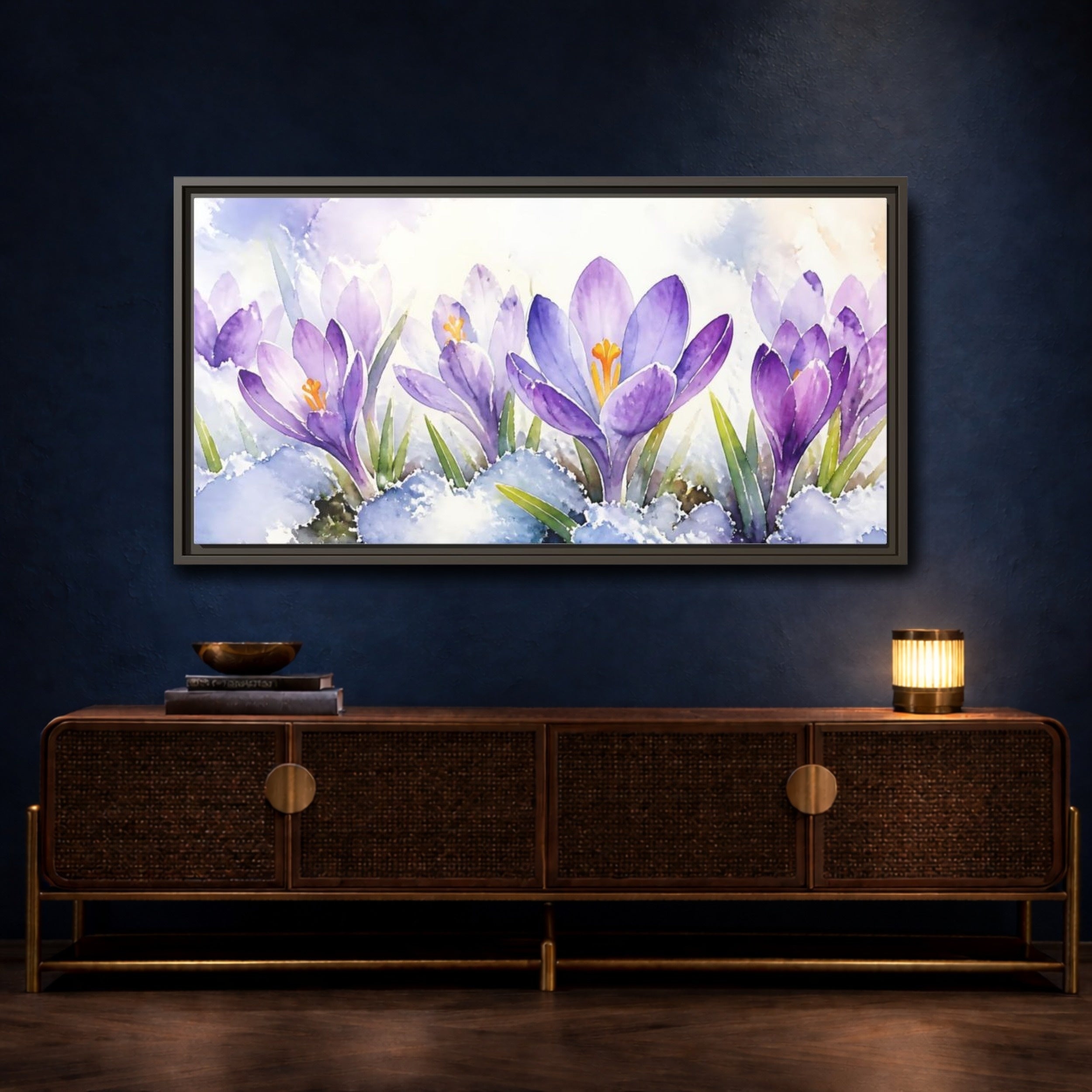 Mockup 4. Nature Crocus Flowers Purple Crocus Watercolor shown as stretched canvas wall art