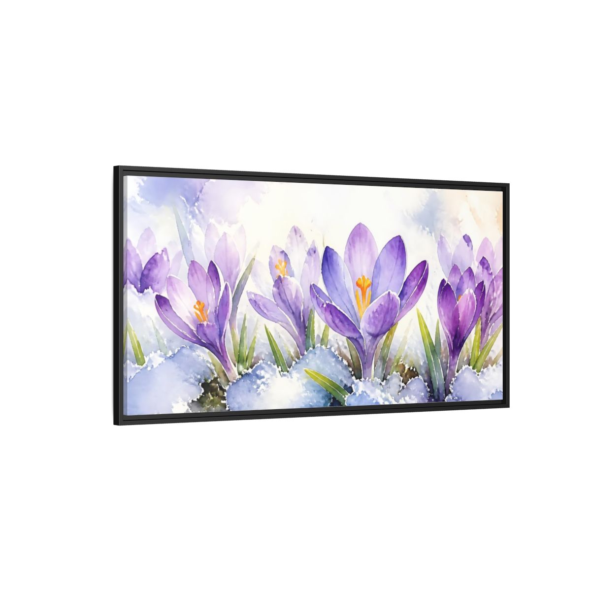 Side Mockup 5. Nature Crocus Flowers Purple Crocus Watercolor shown as stretched canvas wall art