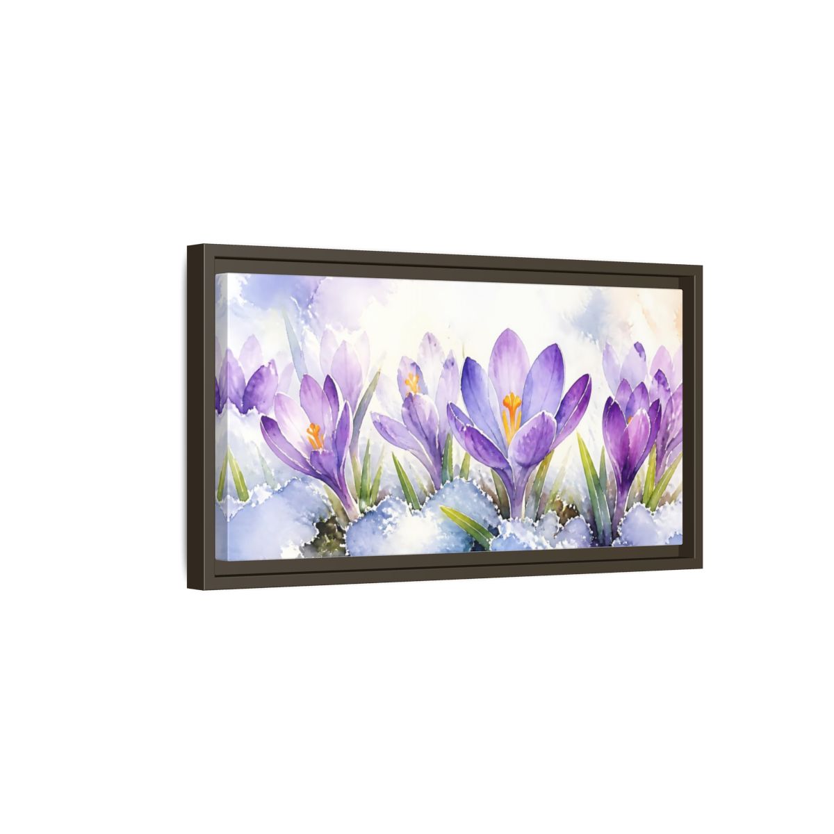 Side Mockup 7. Nature Crocus Flowers Purple Crocus Watercolor shown as stretched canvas wall art