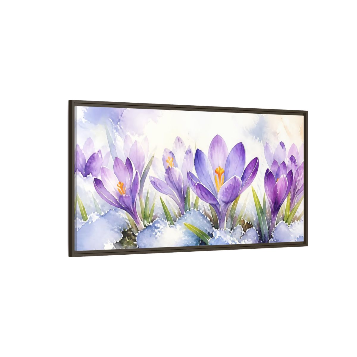 Side Mockup 4. Nature Crocus Flowers Purple Crocus Watercolor shown as stretched canvas wall art