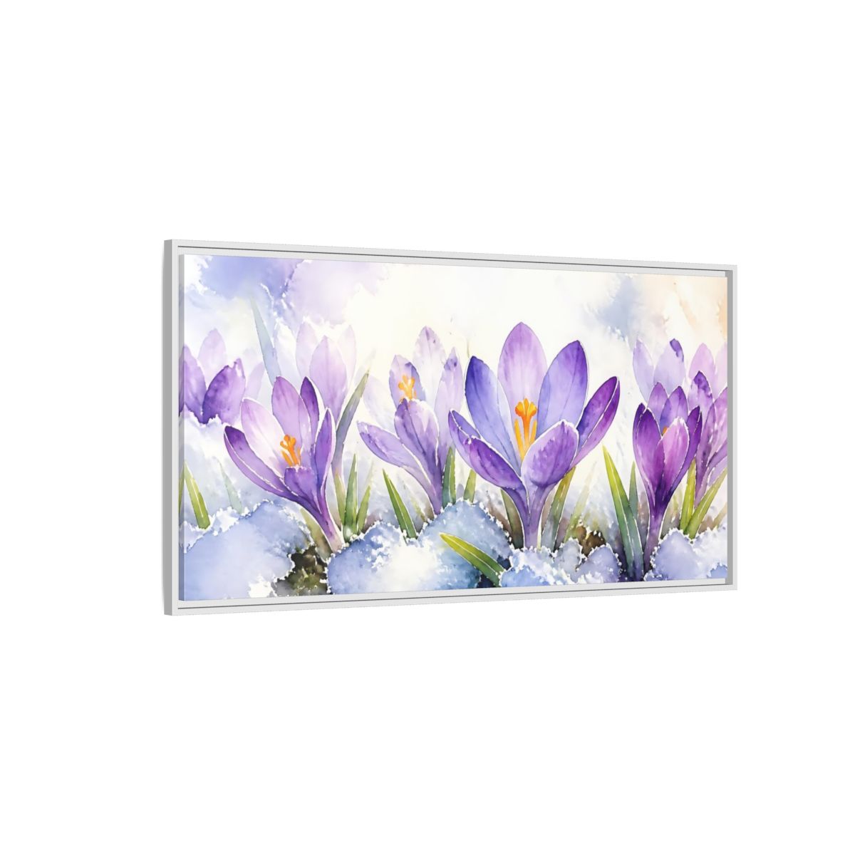 Side Mockup 3. Nature Crocus Flowers Purple Crocus Watercolor shown as stretched canvas wall art