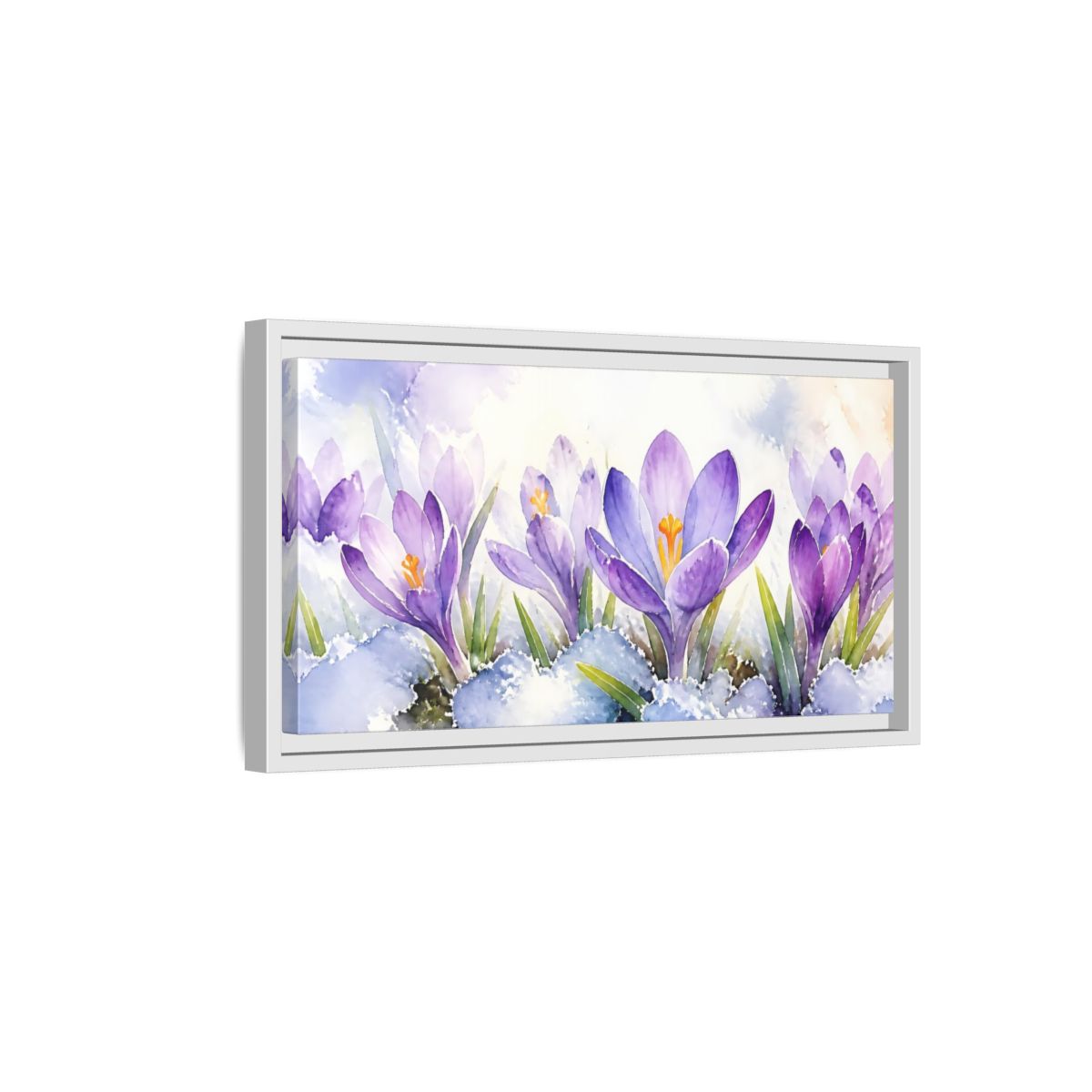 Side Mockup 6. Nature Crocus Flowers Purple Crocus Watercolor shown as stretched canvas wall art