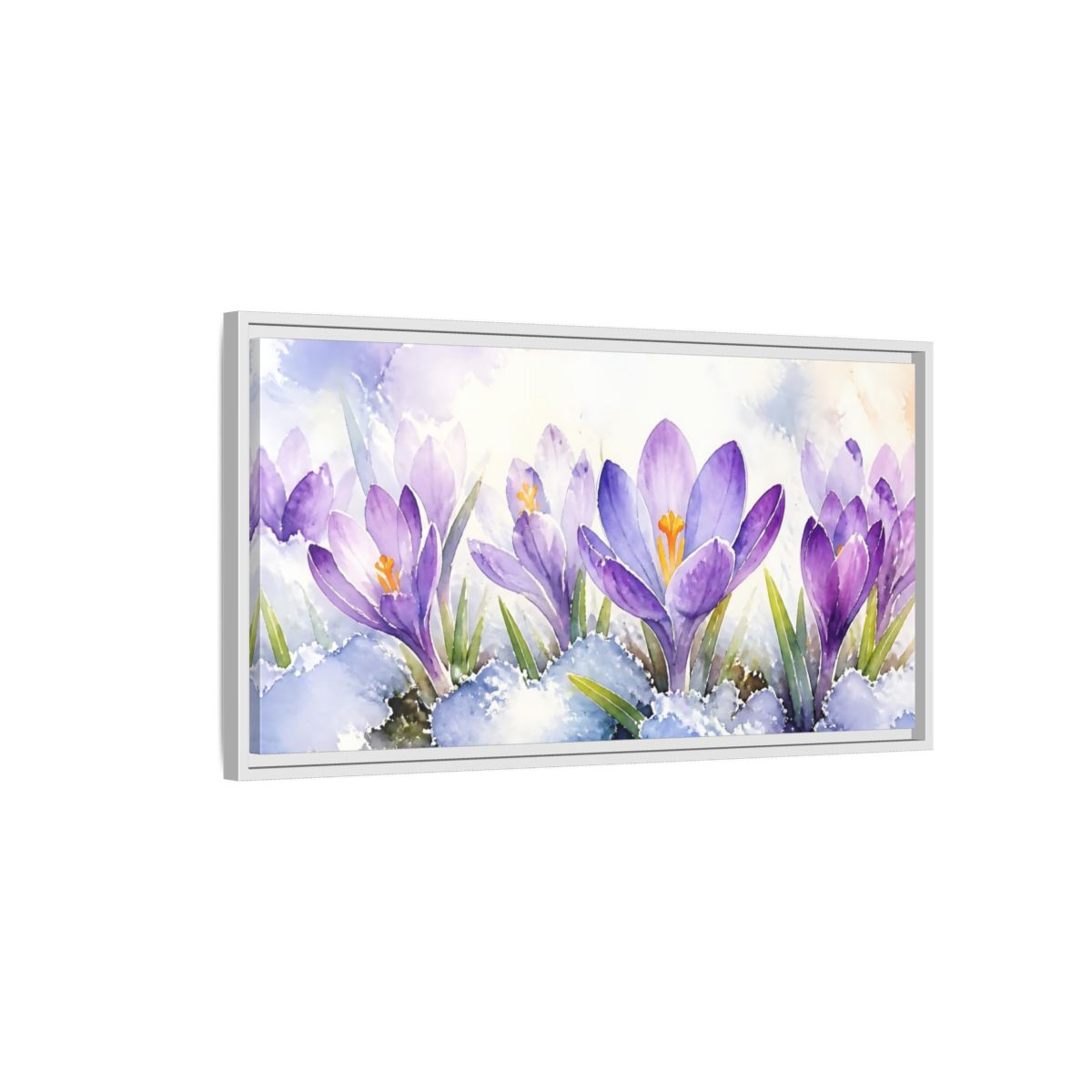 Side Mockup 1. Nature Crocus Flowers Purple Crocus Watercolor shown as stretched canvas wall art