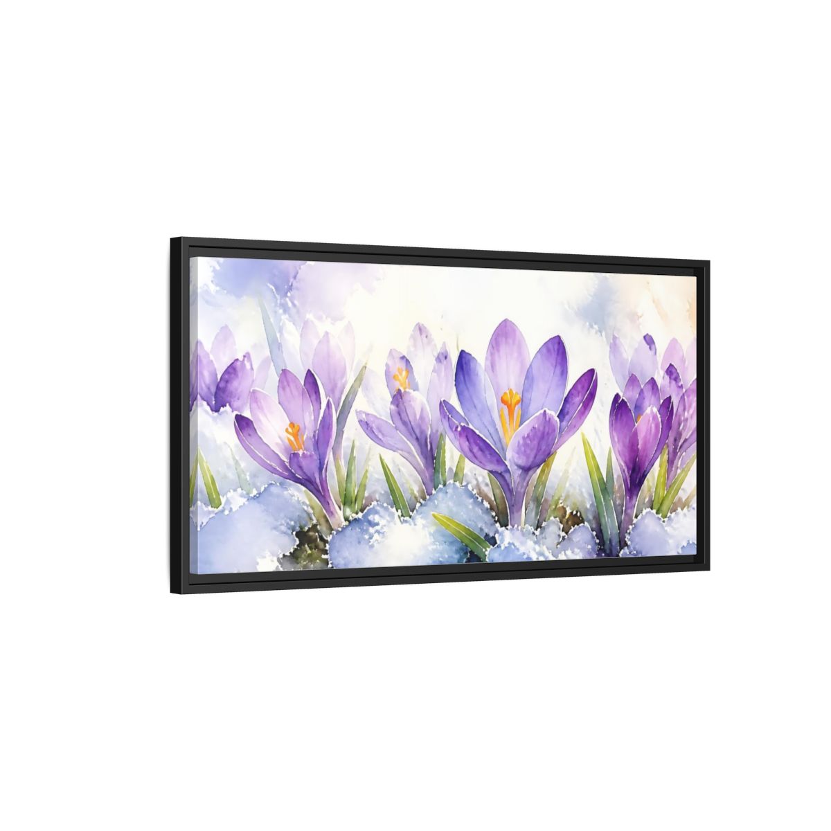 Side Mockup 2. Nature Crocus Flowers Purple Crocus Watercolor shown as stretched canvas wall art