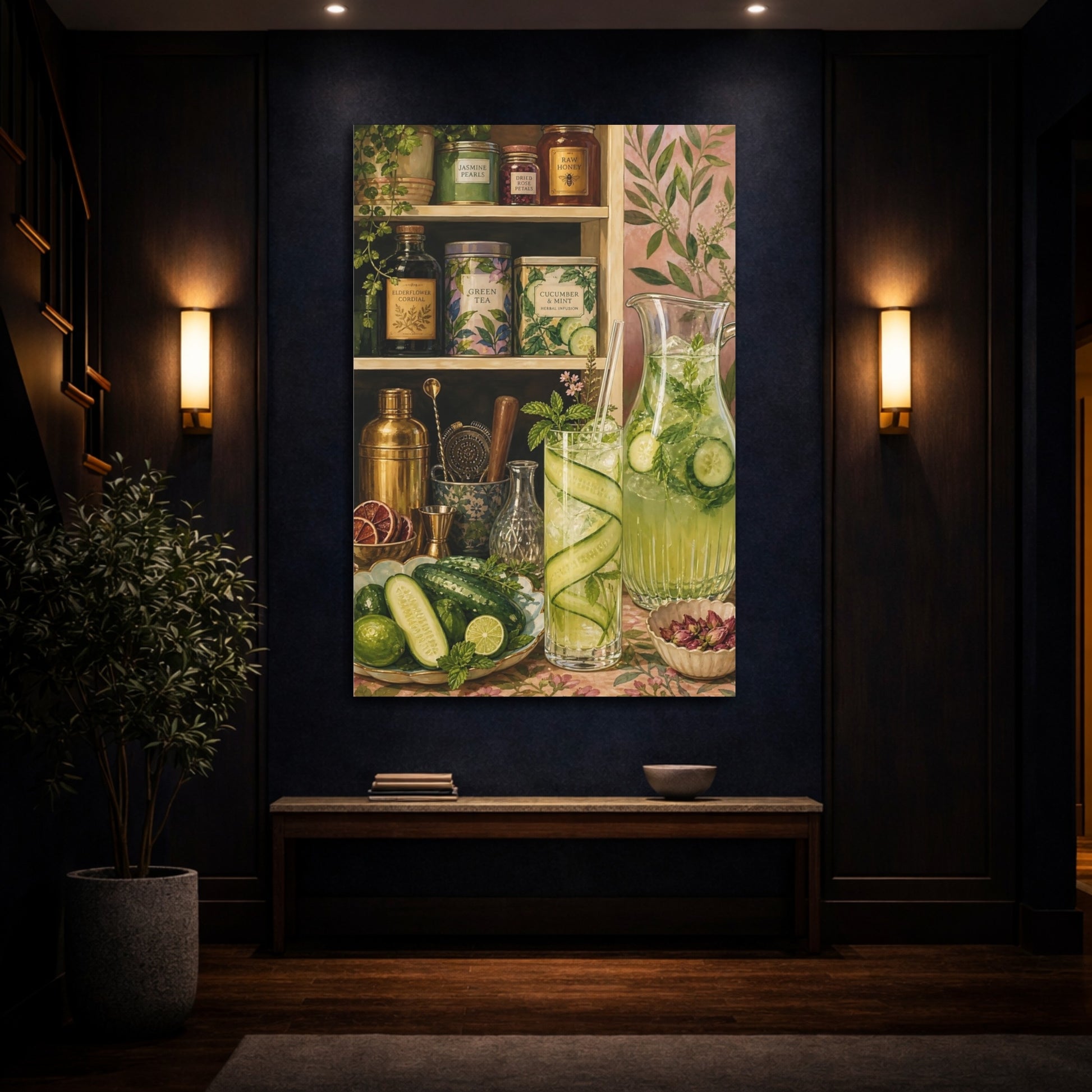 Mockup 4. Nature Cucumber Mint Green Botanical shown as stretched canvas wall art