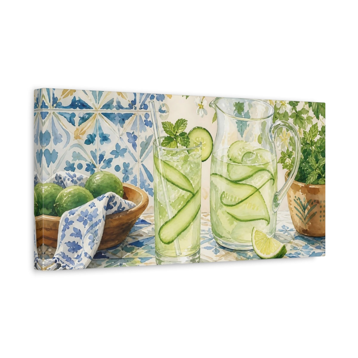Side Mockup 3. Nature Cucumber Water Green And Blue Refreshment shown as canvas print