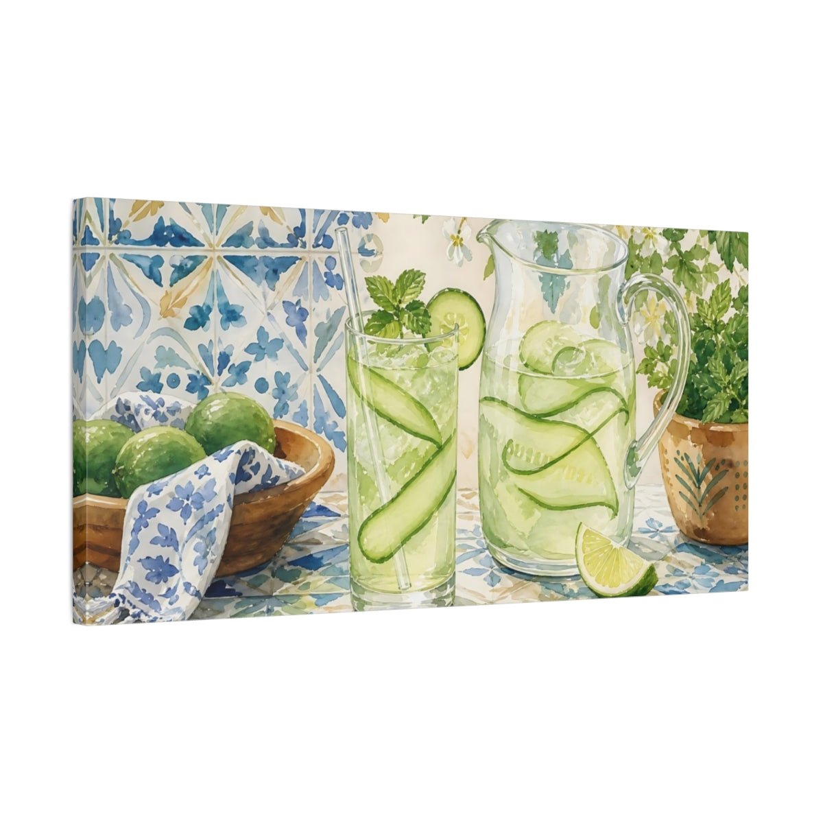 Side Mockup 1. Nature Cucumber Water Green And Blue Refreshment shown as canvas print