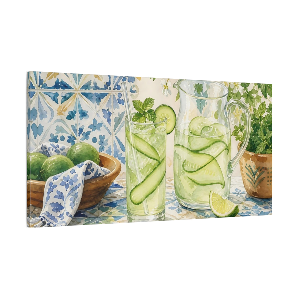 Main Mockup. Nature Cucumber Water Green And Blue Refreshment shown as canvas print