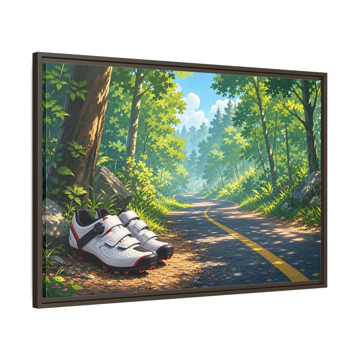 Main Mockup. Nature Cycling Shoes Green Forest Cycling shown as framed canvas print