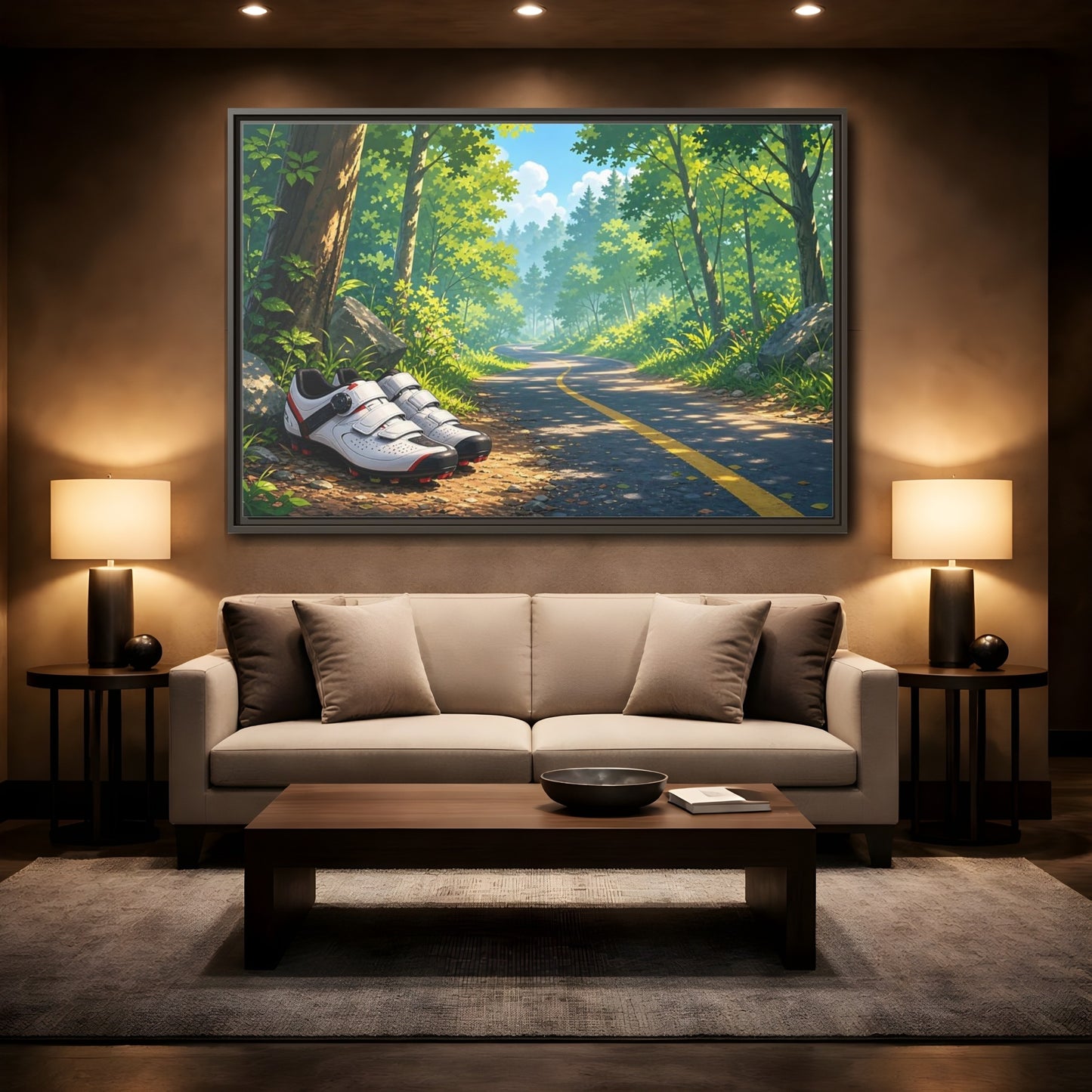 Mockup 2. Nature Cycling Shoes Green Forest Cycling shown as framed canvas print