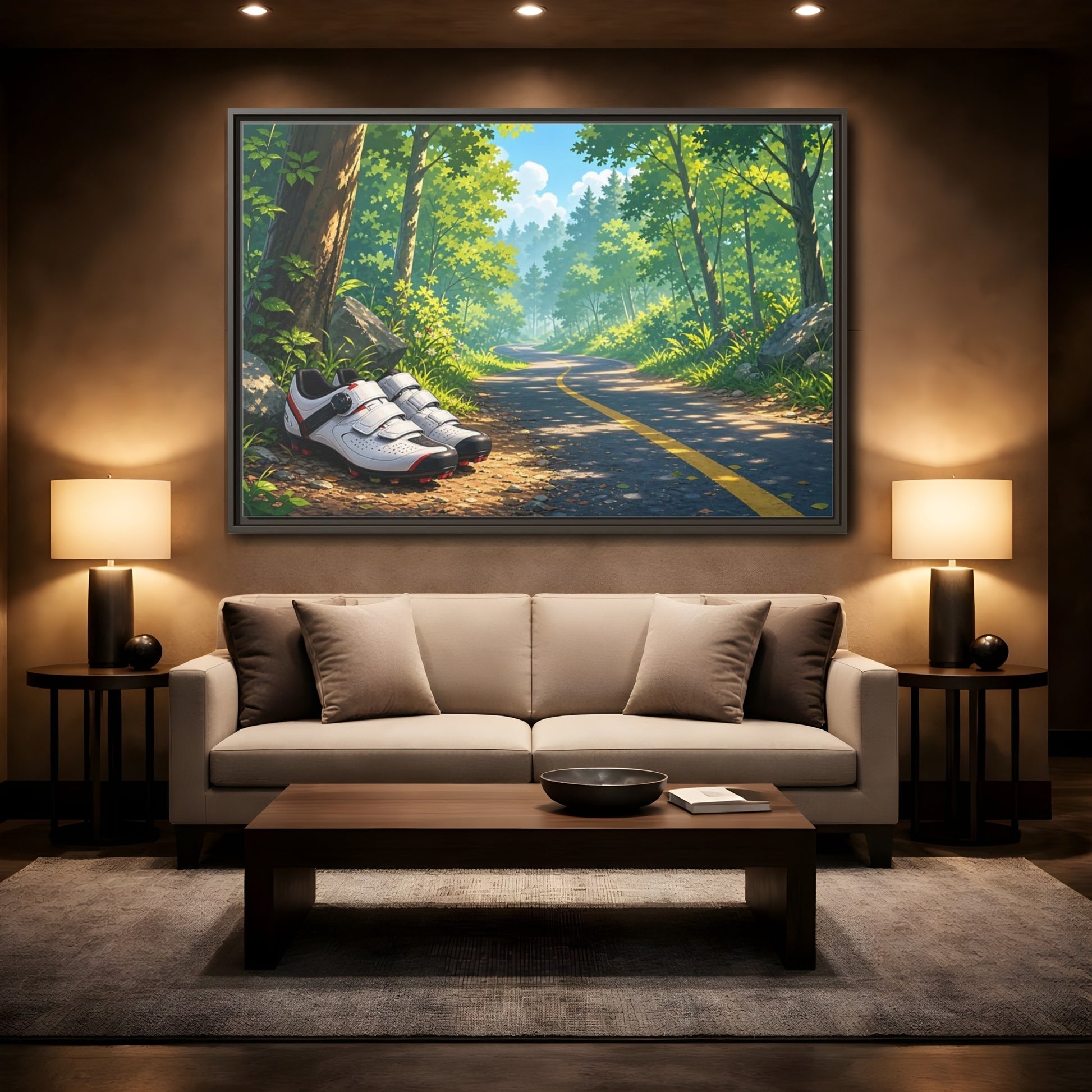 Mockup 2. Nature Cycling Shoes Green Forest Cycling shown as framed canvas print